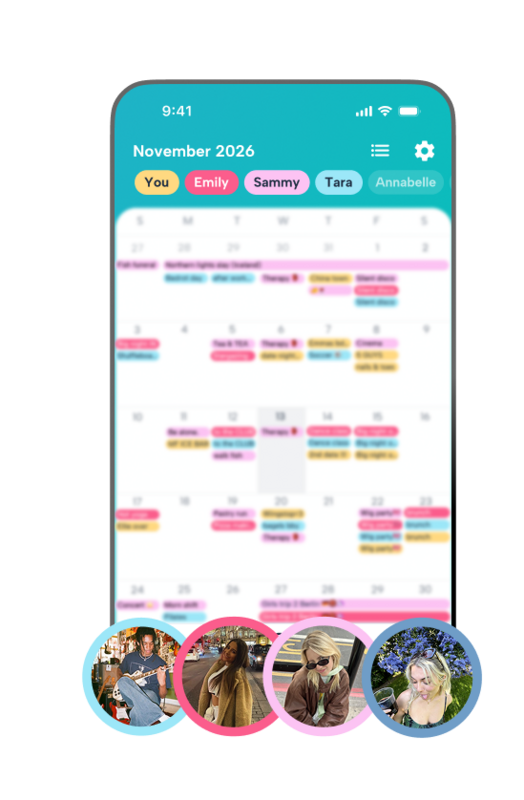 Light mode group calendar view on Howbout app showing overlapping friend schedules, shared availability, and synced personal calendars for easy social planning.